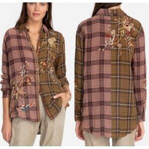 Johnny Was check floral embroidered button down